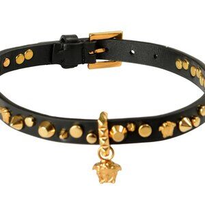 Versace Black 100% Leather Gold Color Metal Medusa Head Choker Necklace